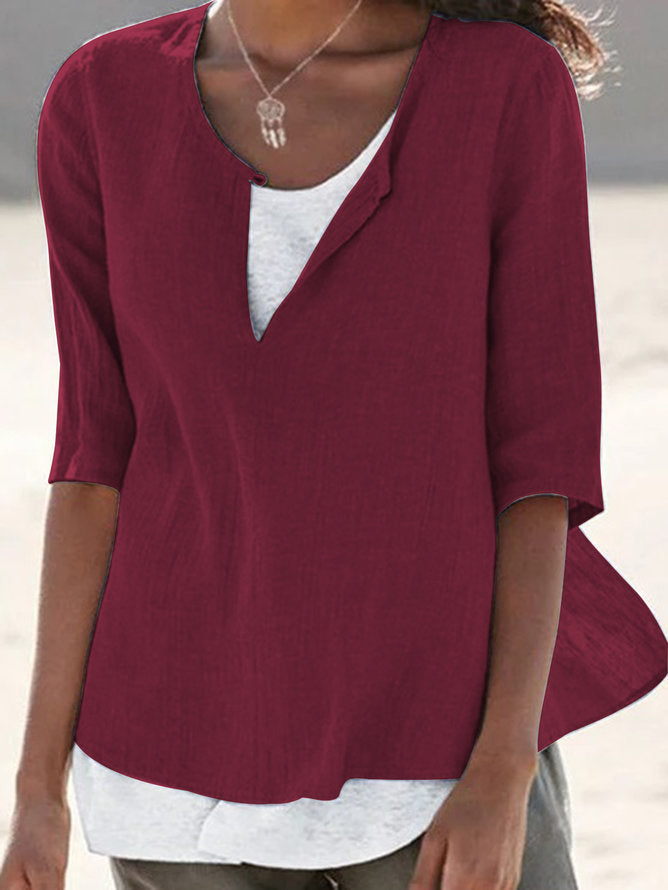 Women Casual V Neck Linen Solid Color Blouse