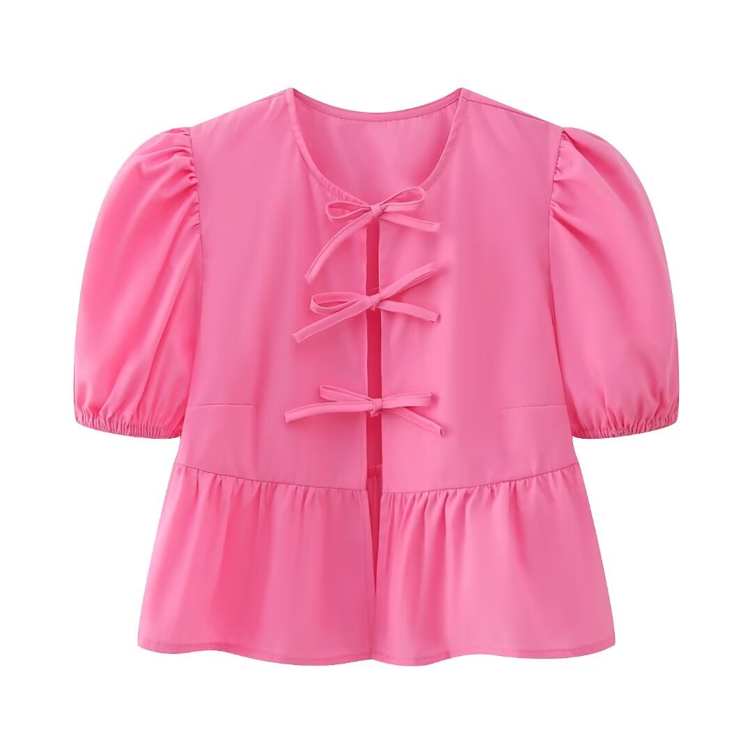 Women Sweet Casual Puff Sleeve Bow Knot Ruffled Stripe Leopard Blouse