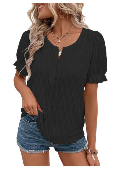 Women Fashion Casual Solid Color Jacquard V-Neck Puff Sleeve Blouse