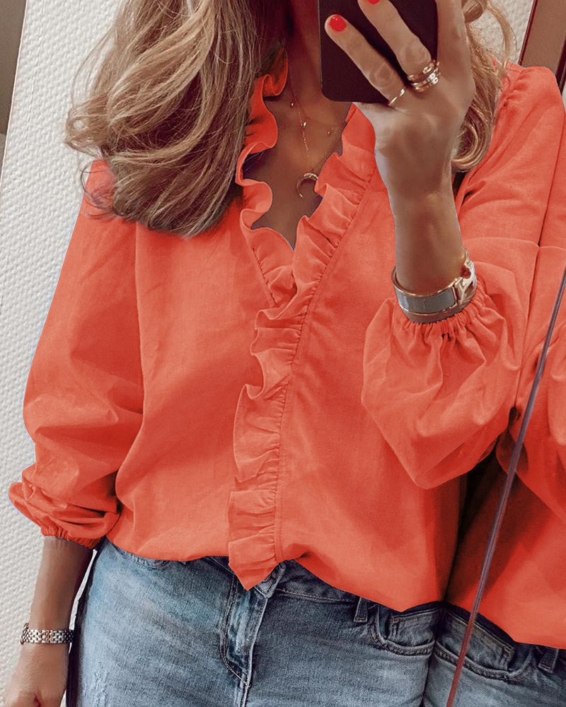 Women Casual V Neck Lantern Sleeve Ruffled Blouse