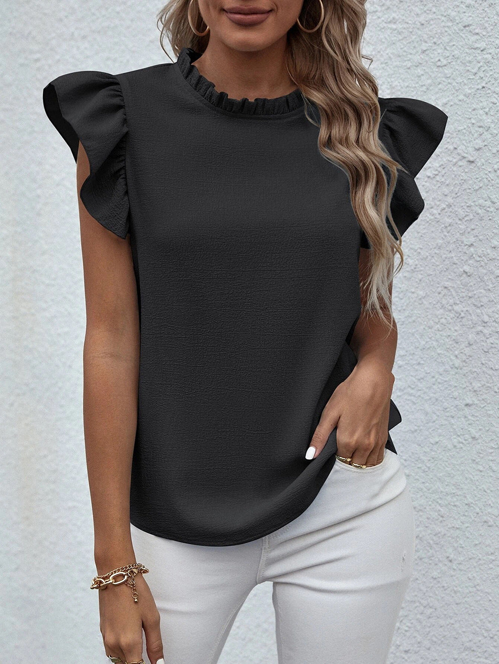 Women Fashion Casual Solid Color Ruffled Round Neck Sleeveless Blouse