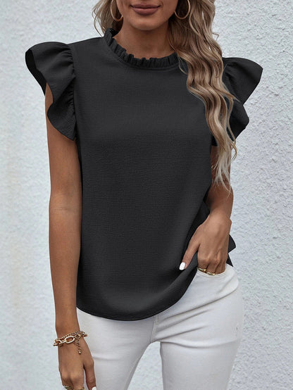 Women Fashion Casual Solid Color Ruffled Round Neck Sleeveless Blouse