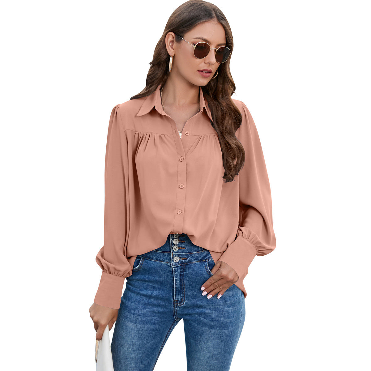 Women Casual Solid Color Chiffon Pleated Long Sleeve Plus Size Blouse