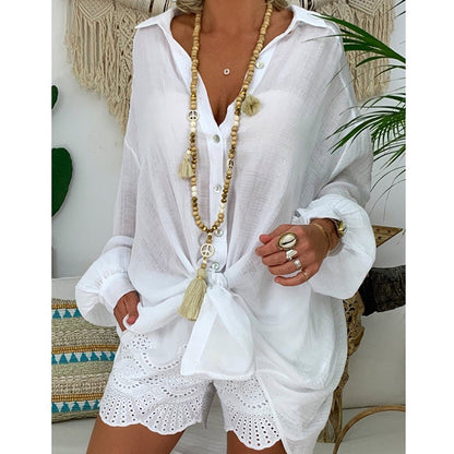 Women Plus Size Casual Basic Solid Color Long Sleeves Beach Style Blouse