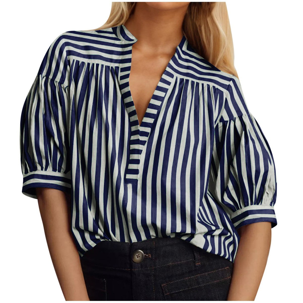 Women Fashion Casual Stripe Stitching V-Neck Long-Sleeve Blouse