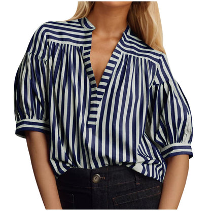 Women Fashion Casual Stripe Stitching V-Neck Long-Sleeve Blouse