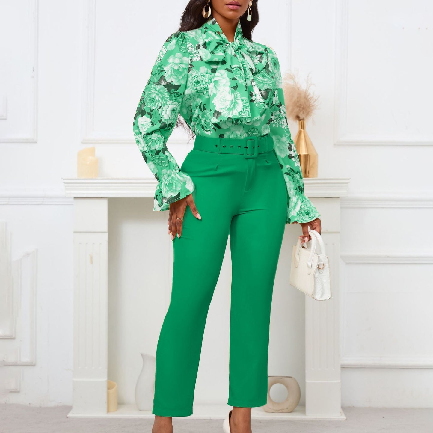 Women Fashion Casual Floral Printing Blouse Solid Color Pants Two-Piece Set