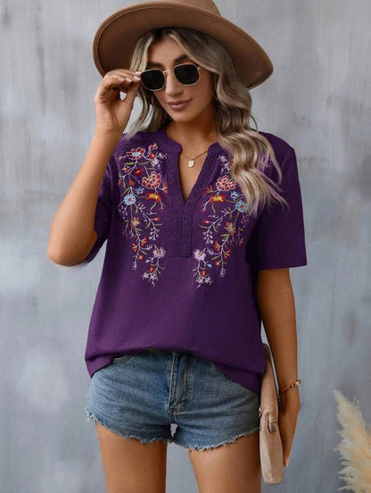 Women Casual Embroidery Lace Stitching Blouses