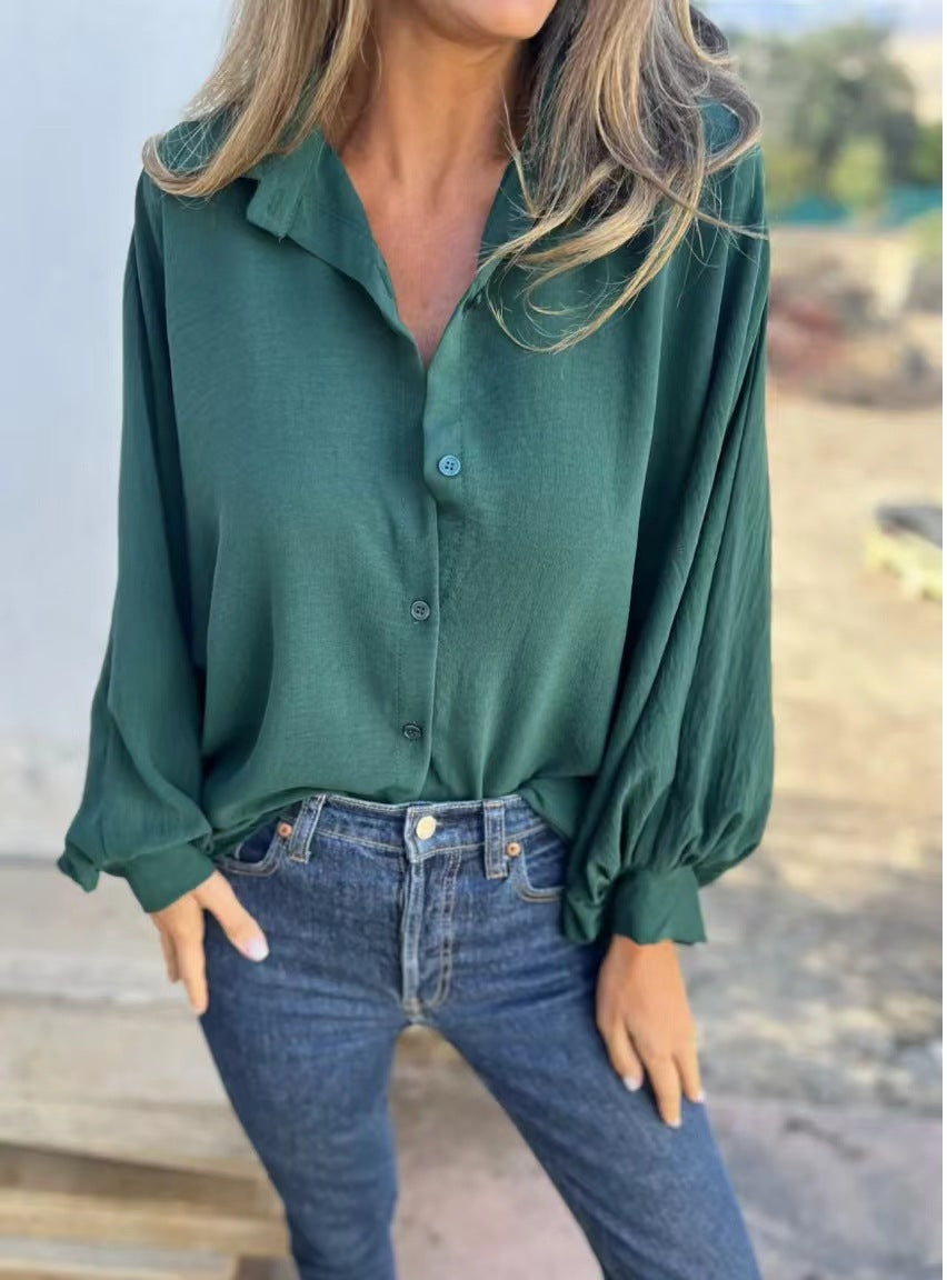 Women Fashion Casual Solid Color Lasel Long Sleeve Button Blouse