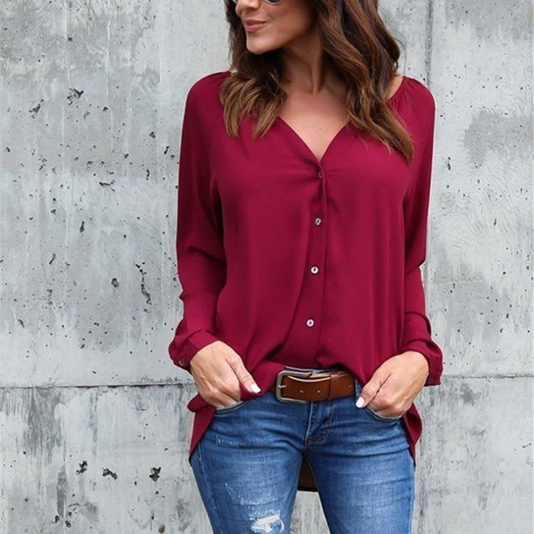 Women Casual V-Neck Button Long-Sleeved Loose Chiffon Blouse