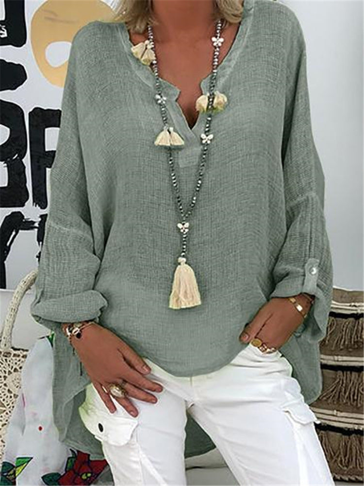 Plus Size Solid Long Sleeve Women Loose Casual V Neck Blouse