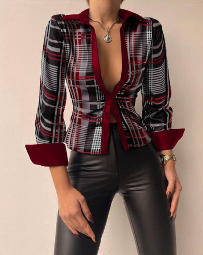 Women Fashion Casual Lapel V-Neck Long Sleeve Stitching Blouse