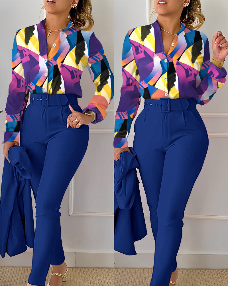 Women Fashion Casual Floral Printed Lapel Long-Sleeve Blouse Slim Fit Pants Two-Piece Pants