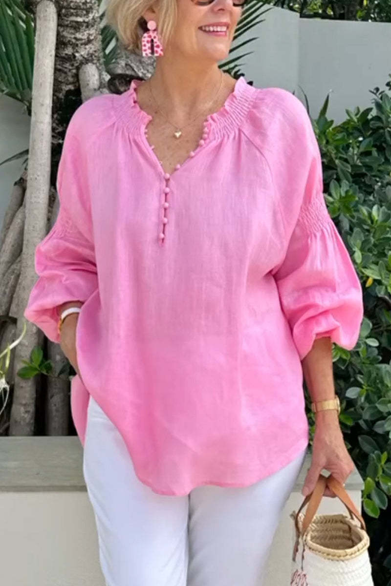 Women Fashion Casual Solid Color Cotton And Linen V-Neck Long Sleeve Blouse