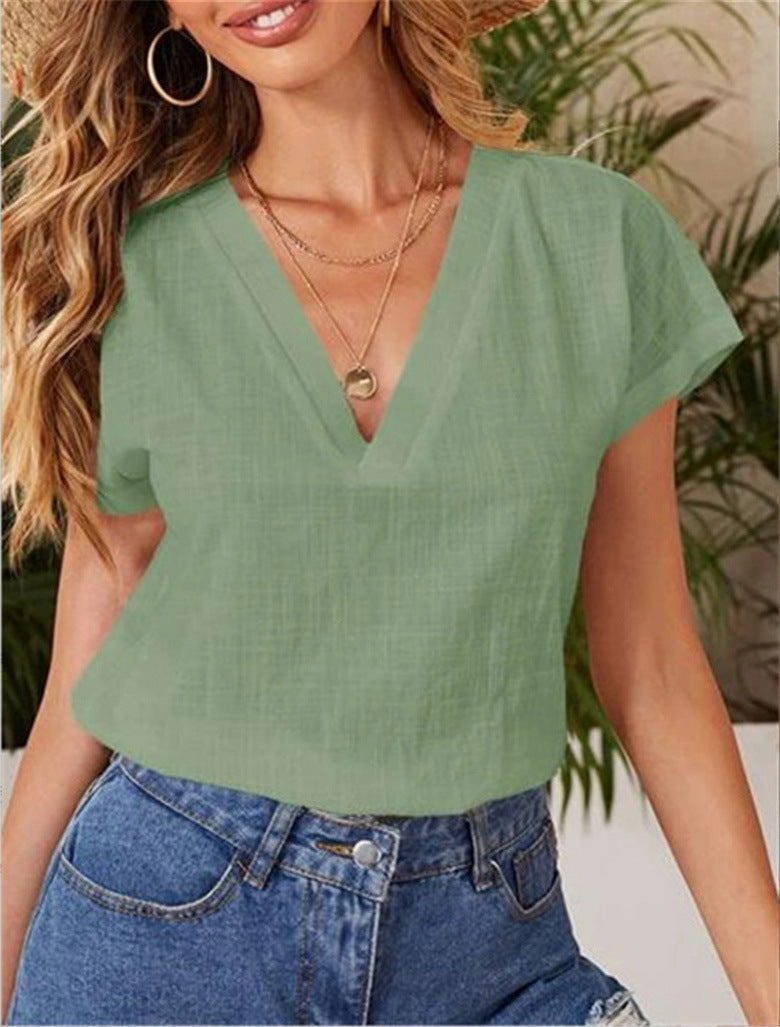 Women Casual Summer Solid Color Loose Short-Sleeved V Neck Short-sleeved Blouse