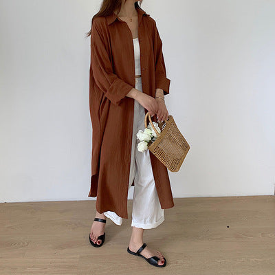 Women Casual Cozy Style Simple Ultra-Long Shirt Solid Color Lapel Cardigan Long Blouse