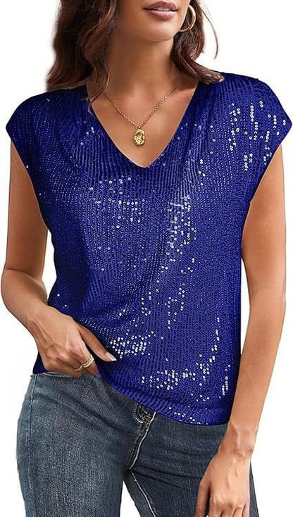 Women Fashion Casual Solid Color Sequin V-Neck Short Sleeve Blouse