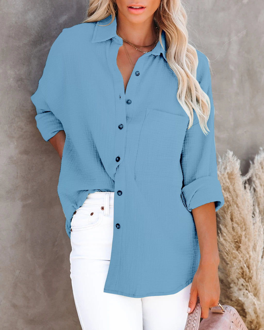 Women'S Casual Long Sleeve V-Neck Button Cotton Linen Blouse