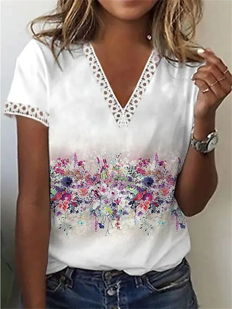 Women Casual Summer V-Neck Lace Feather Floral Printed Short-Sleeved Blouse