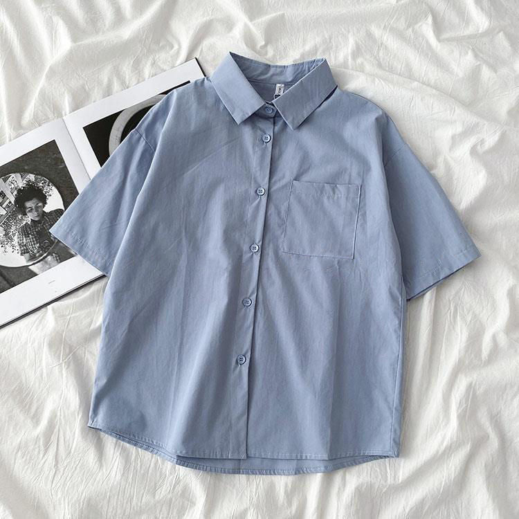 Casual Women Spring Summer Loose Fashion Short-Sleeve Solid Color Lapel Shirt Blouse