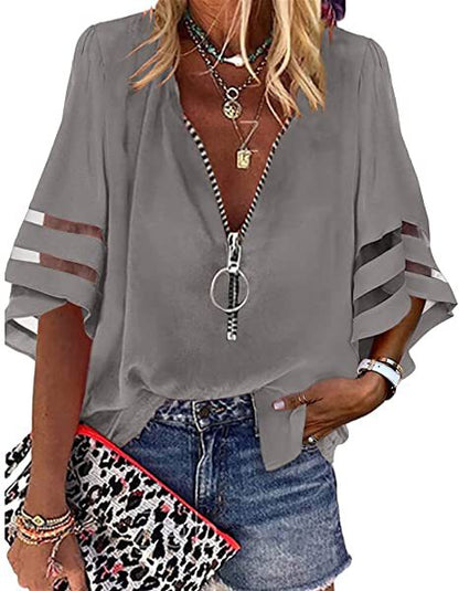 Casual V Neck Women Half Zipper Flare Sleeve Blouse