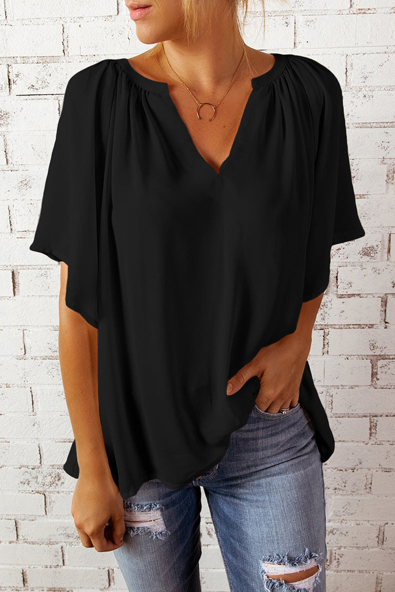 Women Casual Loose Solid Color V-Neck Short-Sleeve Blouse