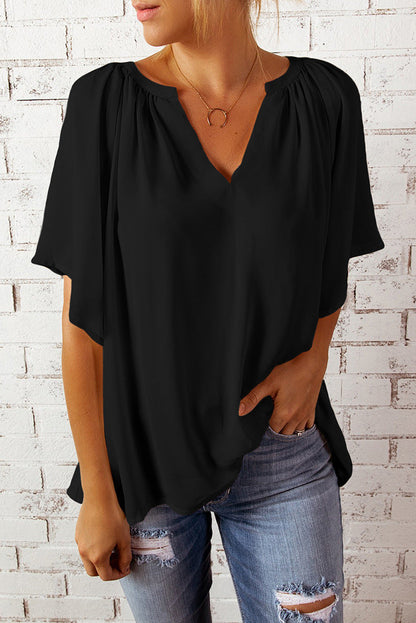 Women Casual Loose Solid Color V-Neck Short-Sleeve Blouse