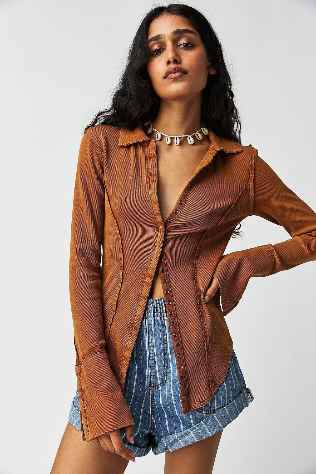 Women Fashion Casual Solid Color Long Sleeve Slim-Fit Lapel Single Breasted Blouse