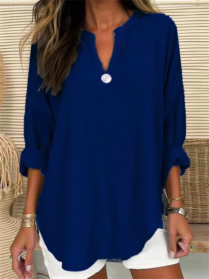 Women Casual Solid Color V-Neck One-Button Loose Blouse