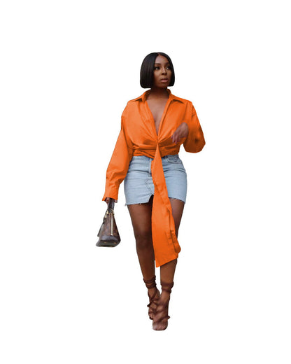 Women Fashion Solid Color Pleated Deep V-Zipper Casual Long Sleeve Blouse