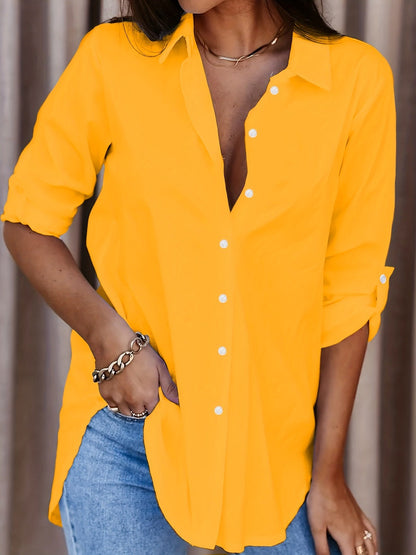 Women Casual Simple Solid Color Lapel Long Sleeve Blouse