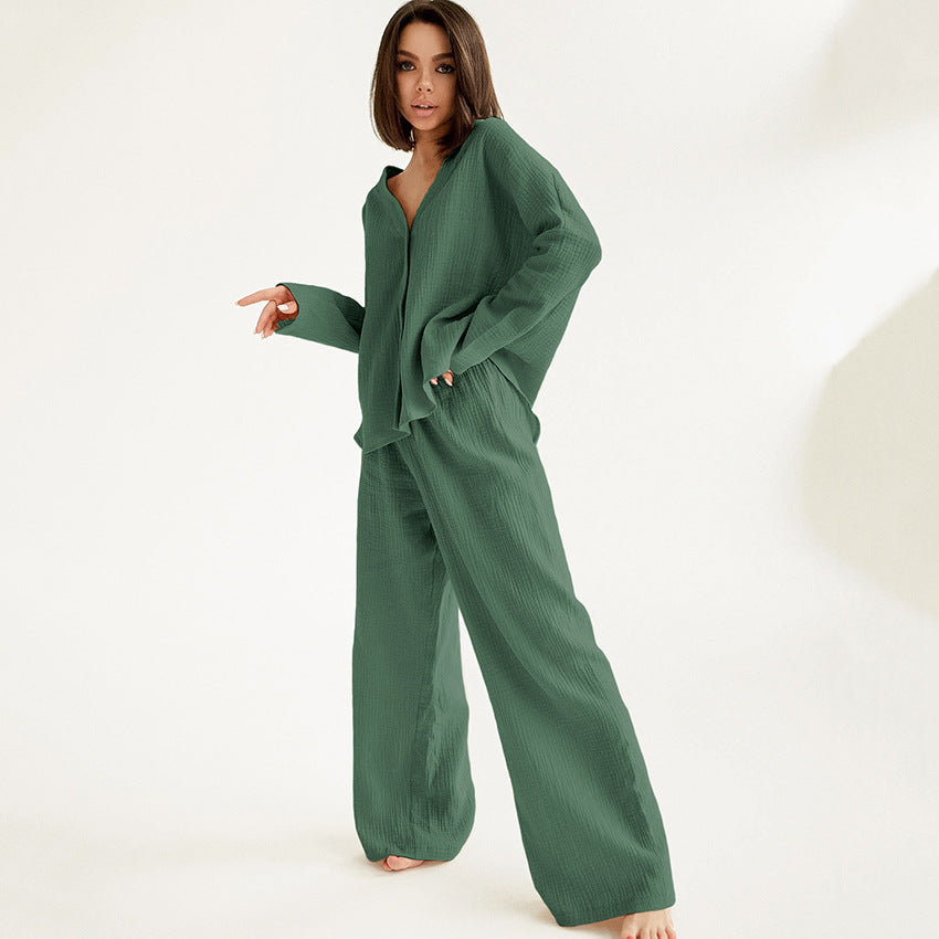 Women Fashion Casual Loose Solid Color Cotton Blouse Top Pants Home Pajamas Two-Piece Set