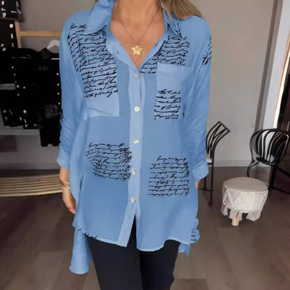 Women Fashion Casual Letter Printed Lapel Long-Sleeve Blouse