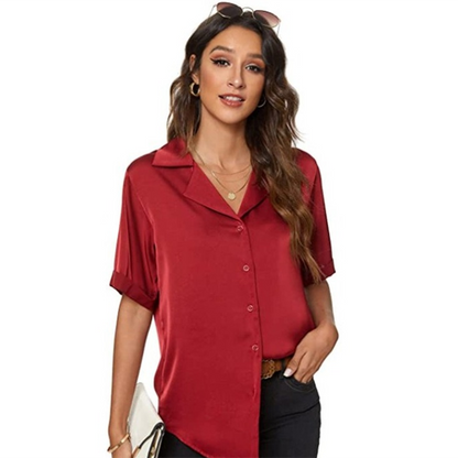 Women Elegant Office Basic Short Sleeve Satin Summer Solid Color Casual Single-breasted Loose Blouse