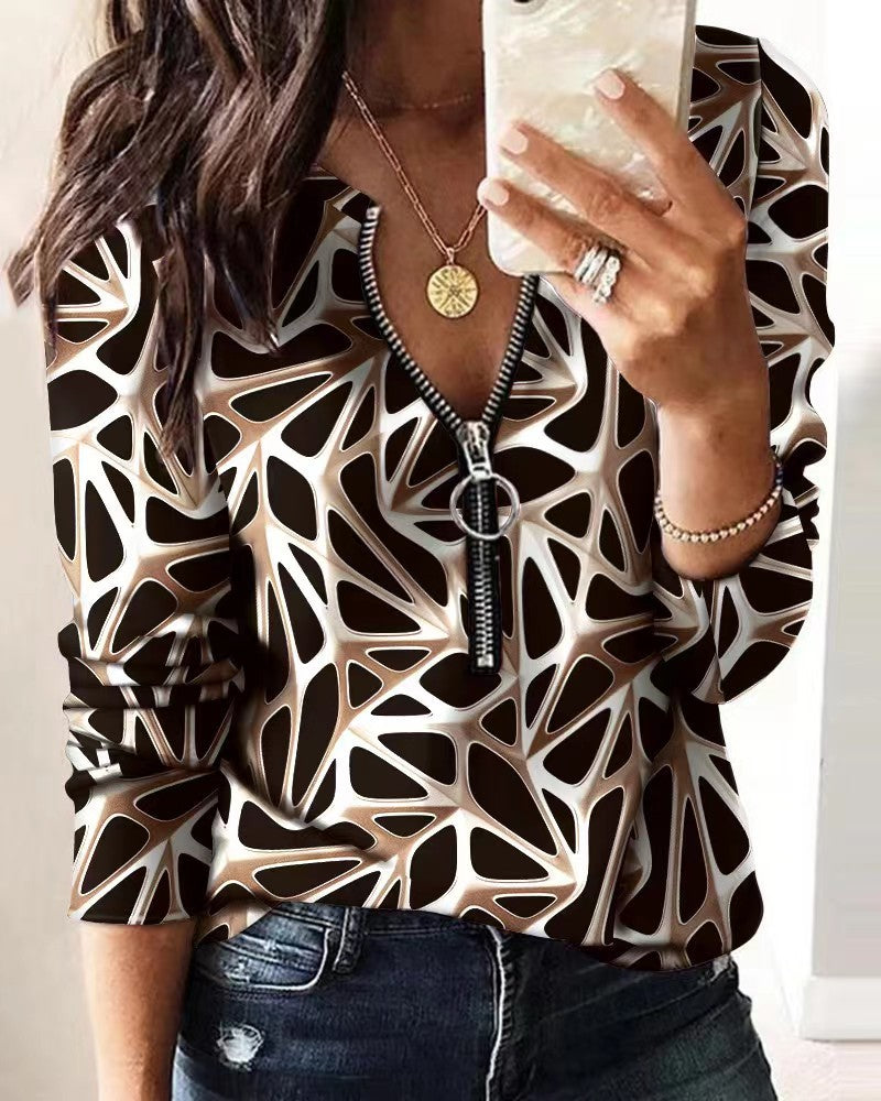 Women Casual Fashion Letter Print Zipper Long Sleeves Blouse