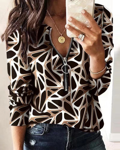 Women Casual Fashion Letter Print Zipper Long Sleeves Blouse
