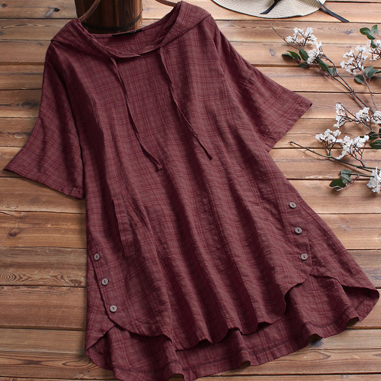 Women Casual Summer Short Sleeves Plus Size Round Neck Loose Hooded Blouse