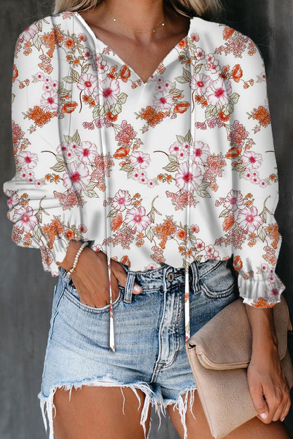 Women Fashion Casual Floral Printed V-Neck Long Sleeve Blouse