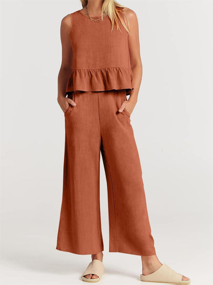 Summer Sleeveless Ruffled Blouse Wide Leg Pants Casual Women Set