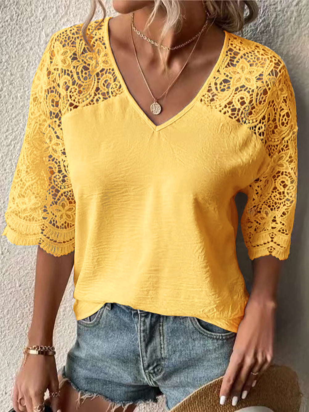 Women Fashion Casual Solid Lace Patchwork V Neck Blouse