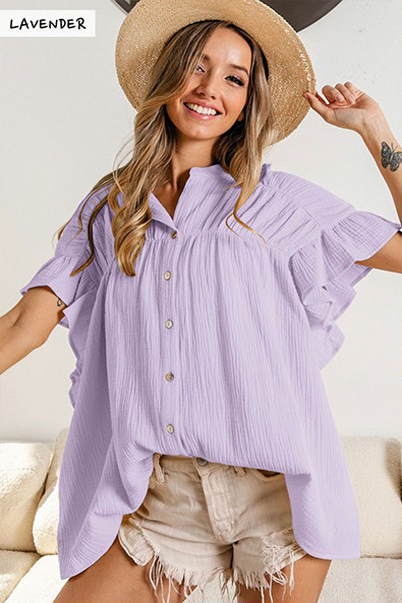 Women Fashion Casual Solid Color Pleated Stand Collar Single Breasted Blouse