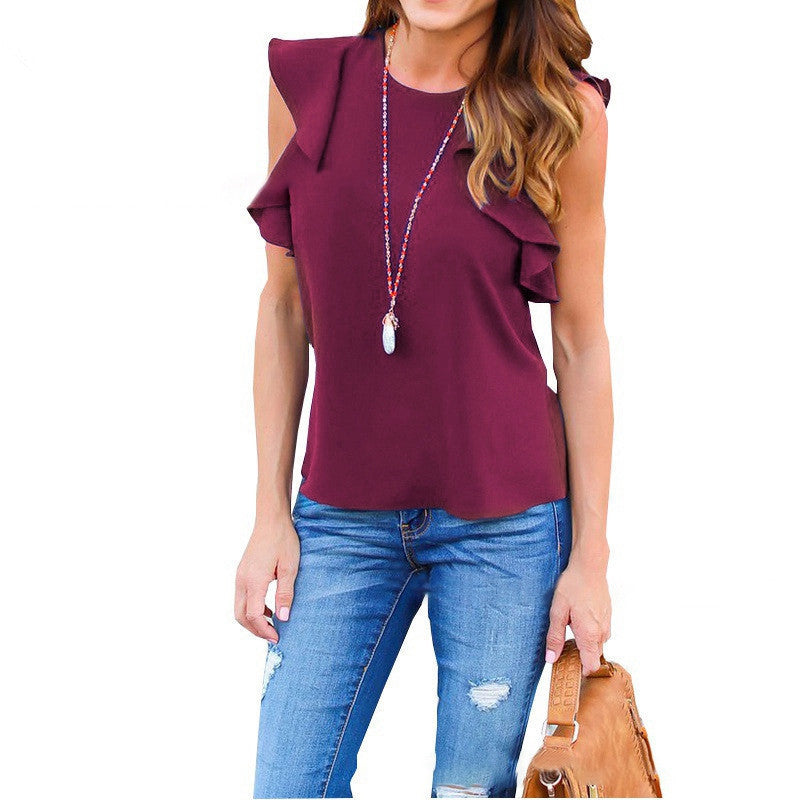 Women Fashion Casual Solid Color Chiffon Ruffled Sleeveless Blouse