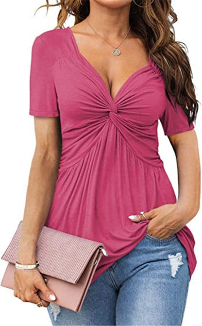 Women Fashion Casual Pleated Solid Color V-Neck Short-Sleeve Blouse