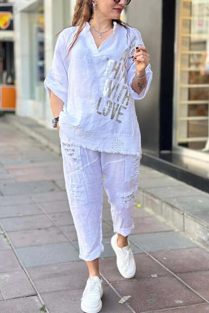 Women Casual Letter Printed V-Neck Half Sleeve Blouse Loose Pants Two-Piece Set