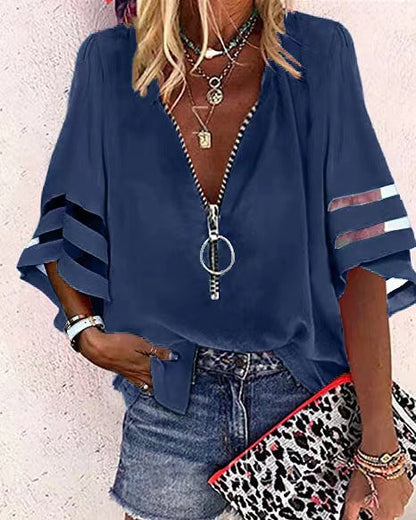 Casual V Neck Women Half Zipper Flare Sleeve Blouse