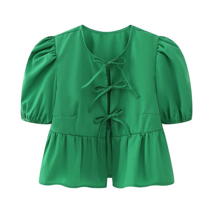 Women Sweet Casual Puff Sleeve Bow Knot Ruffled Stripe Leopard Blouse