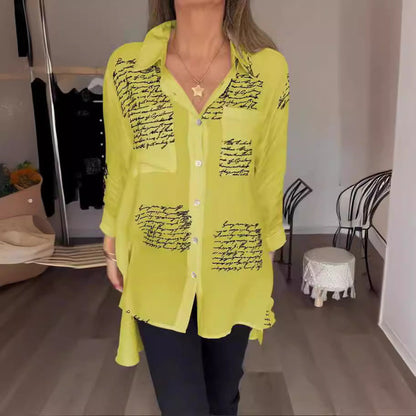 Women Fashion Casual Letter Printed Lapel Long-Sleeve Blouse