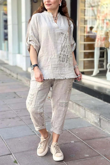 Women Casual Letter Printed V-Neck Half Sleeve Blouse Loose Pants Two-Piece Set