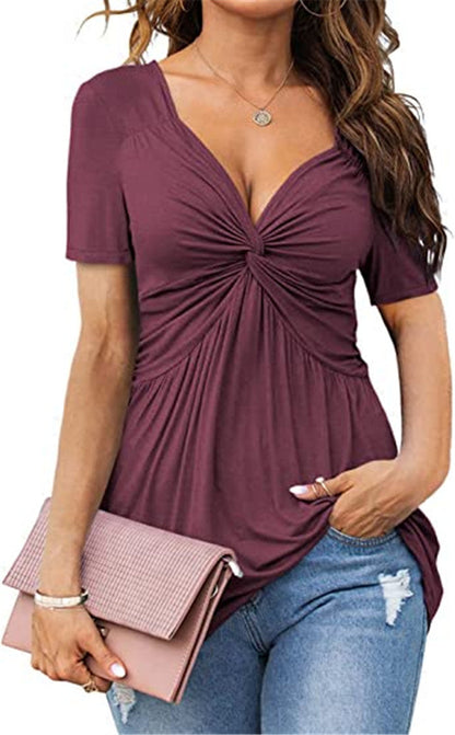 Women Fashion Casual Pleated Solid Color V-Neck Short-Sleeve Blouse