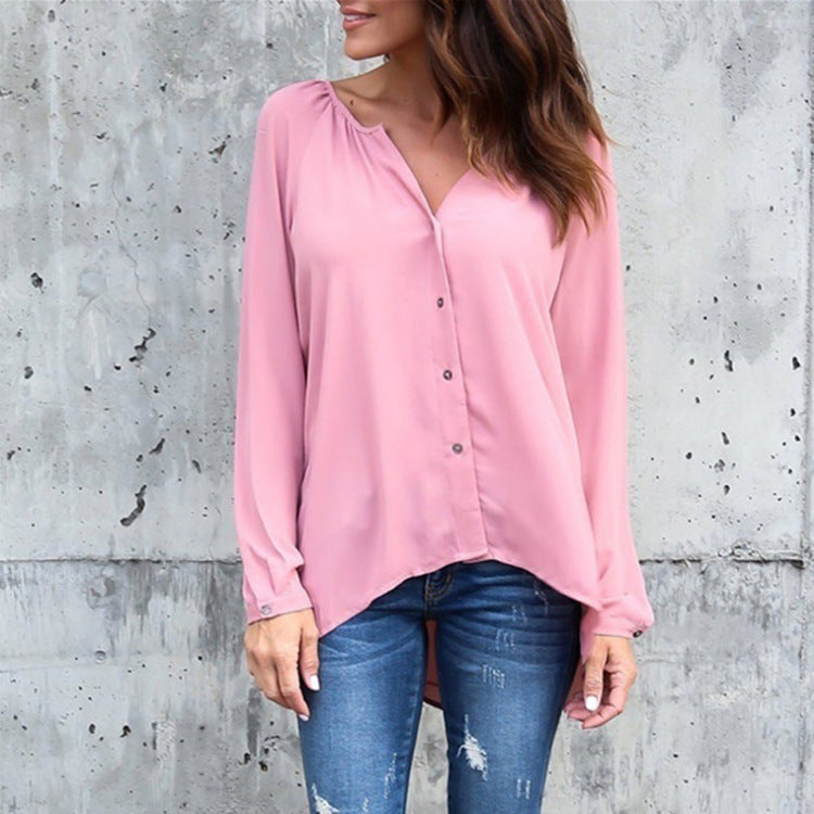 Women Casual V-Neck Button Long-Sleeved Loose Chiffon Blouse